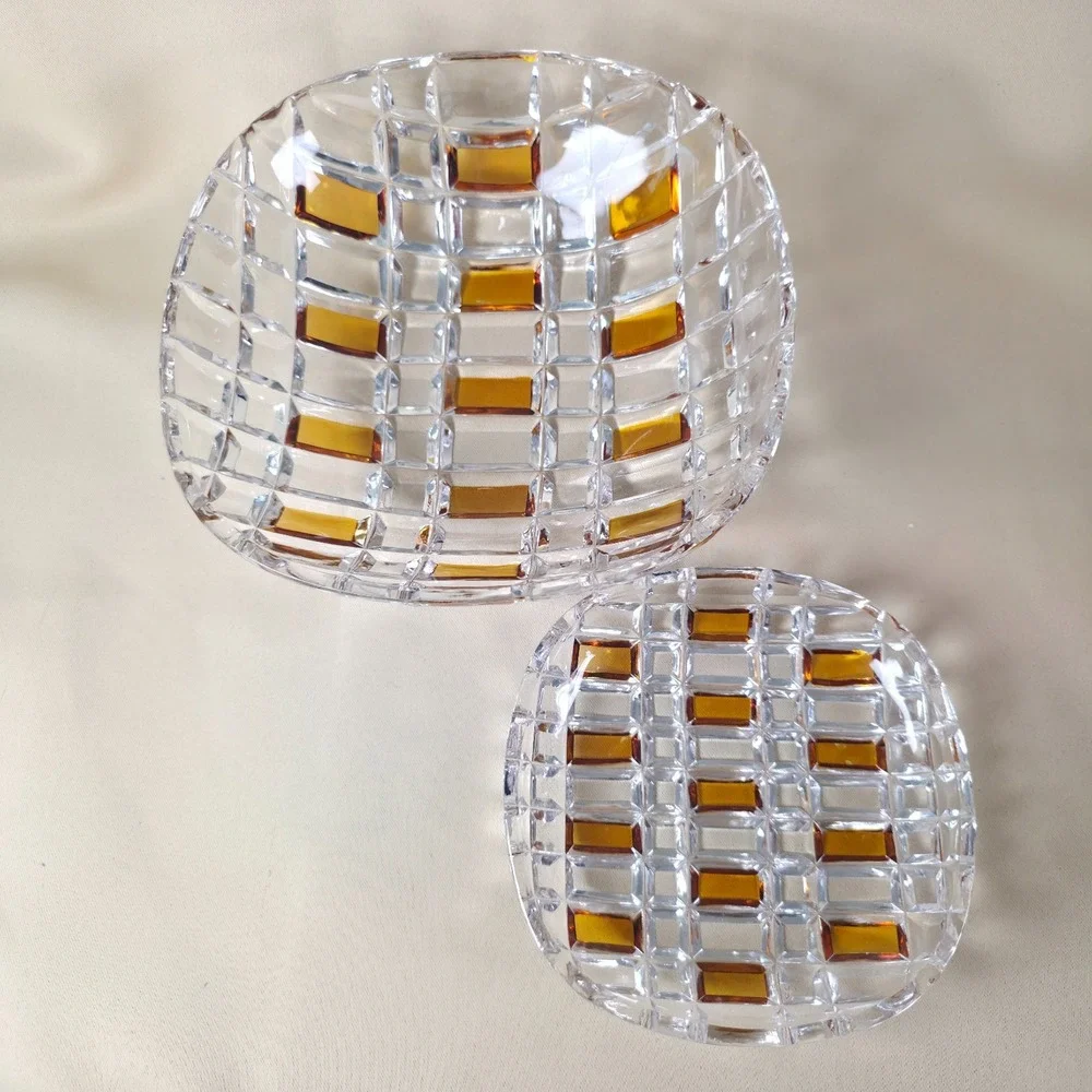 Vintage Julia Poland Amber Cut to Clear Crystal Bowl Set 8
